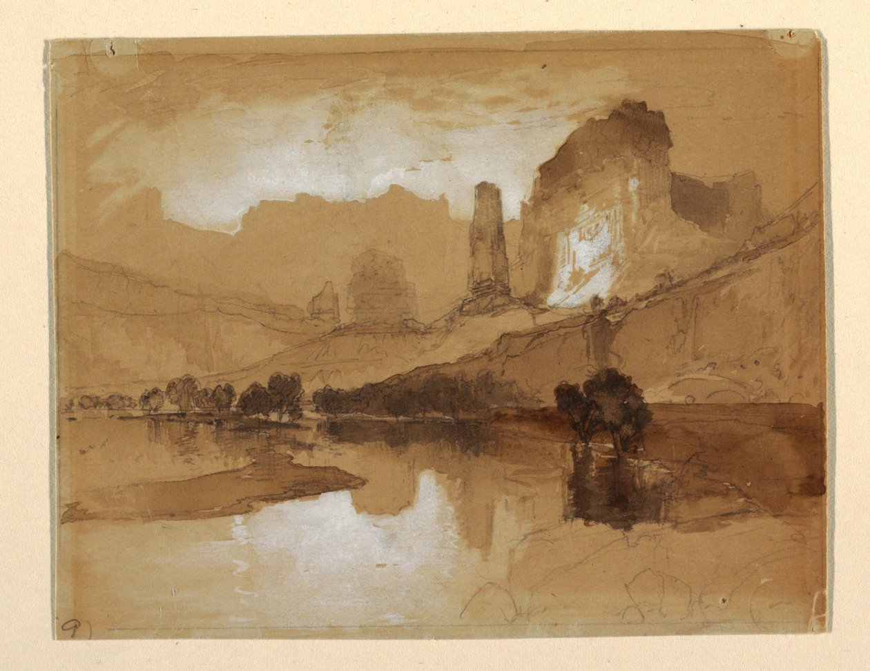 Zeichnung, Yellowstone unterhalb der Wasserfälle, wahrscheinlich 1871 von Thomas Moran