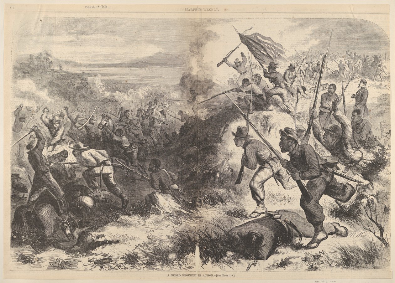 Ein schwarzes Regiment in Aktion, aus Harpers Weekly, 14. März 1863 von Thomas Nast