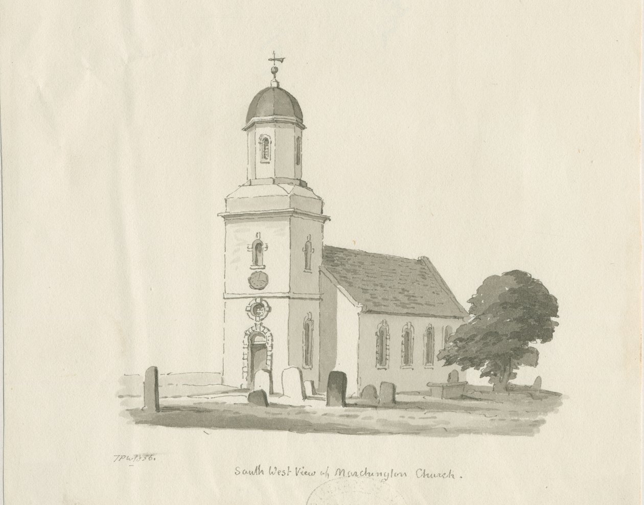 Marchington Church: Sepiawaschzeichnung, 1836 von Thomas Peploe Wood