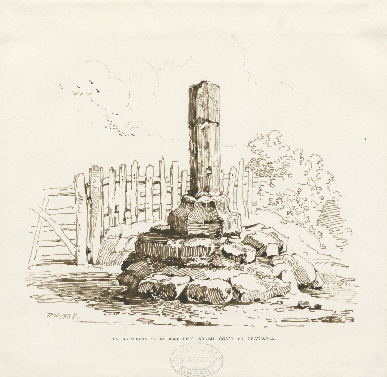 Moreton - Überreste des Steinkreuzes in Chatwell: Federzeichnung, 1838 von Thomas Peploe Wood