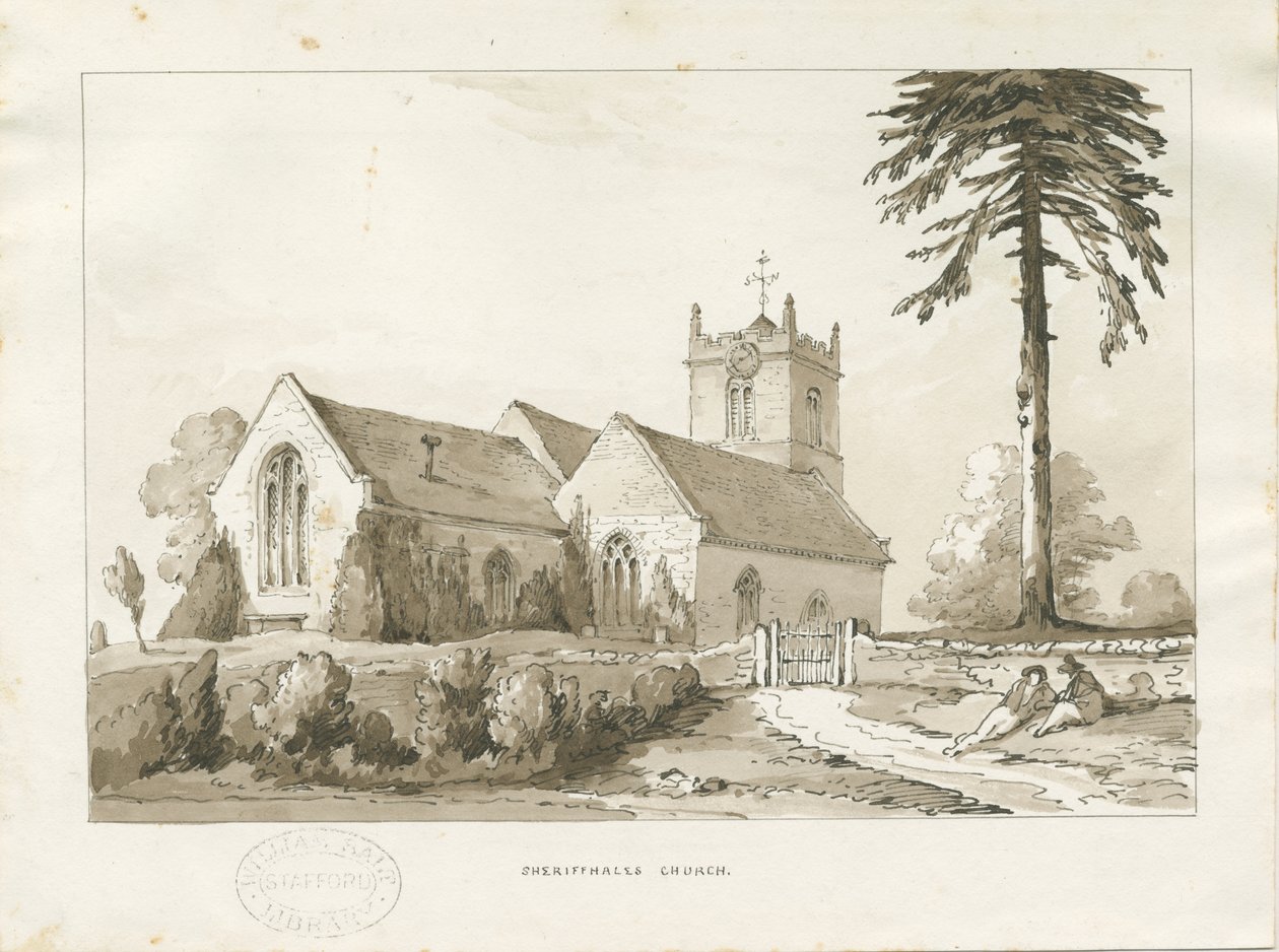 Sheriffhales Kirche: Sepiawaschzeichnung, undatiert [?1838] von Thomas Peploe Wood
