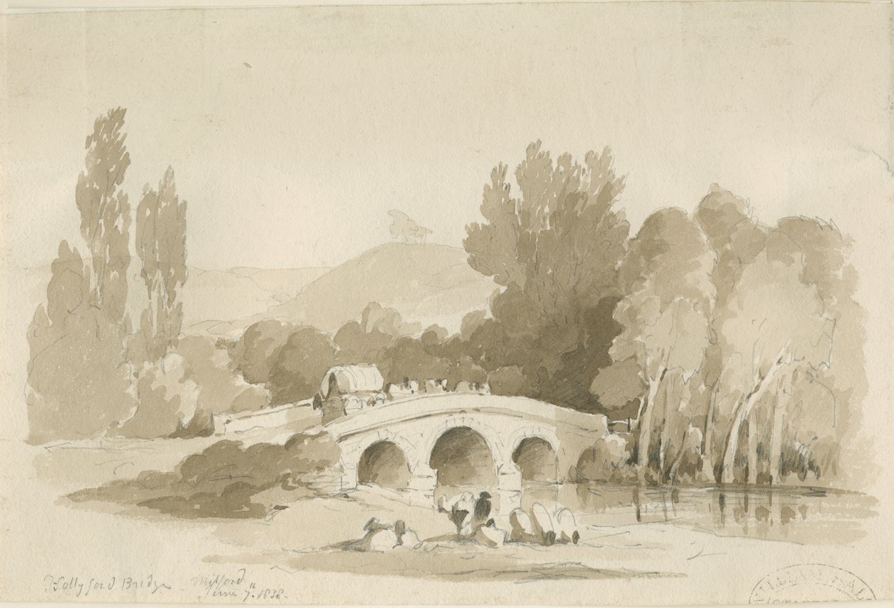 Stafford - Hollyford Bridge, Milford: Sepia-Zeichnung, 7. Juni 1838 von Thomas Peploe Wood