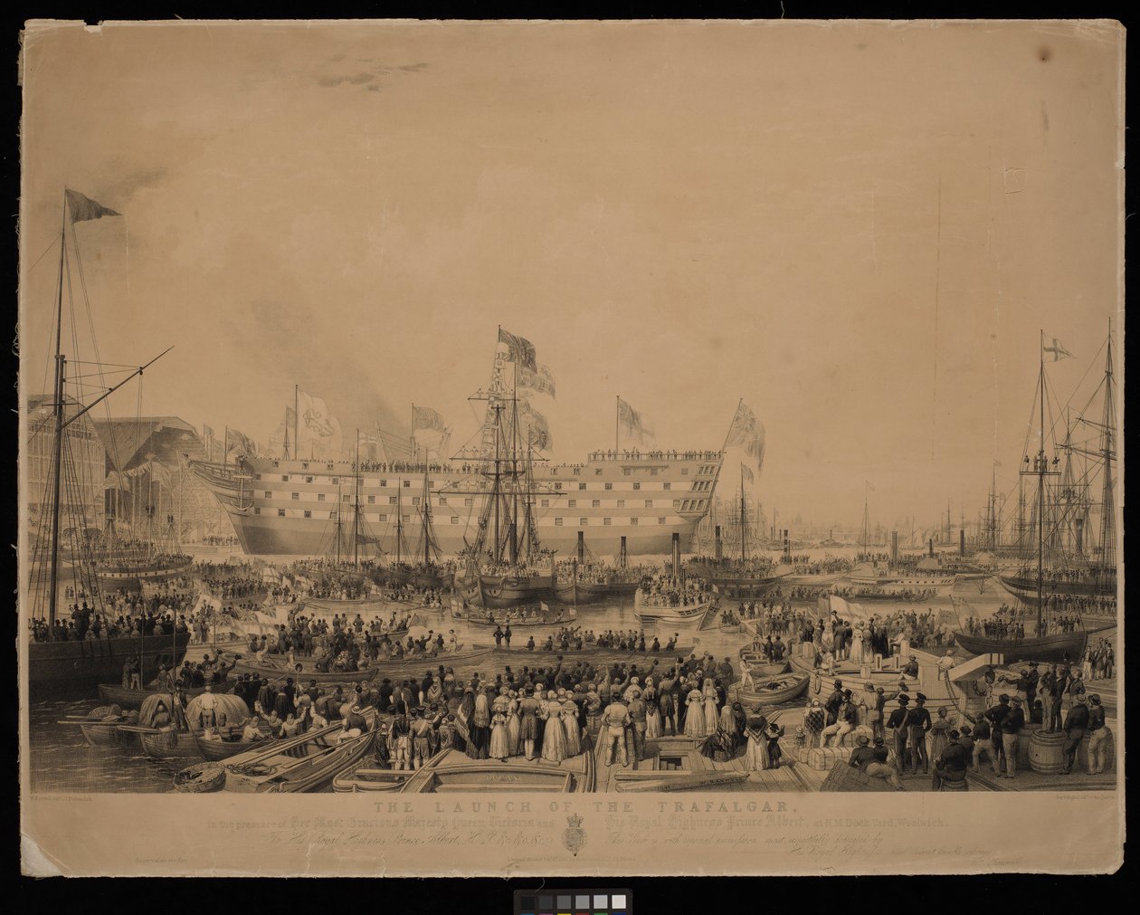 Der Stapellauf der Trafalgar, in Anwesenheit Ihrer Majestät Königin Victoria und Seiner Königlichen Hoheit Prinz Albert, in der H.M. Werft, Woolwich von Thomas Picken