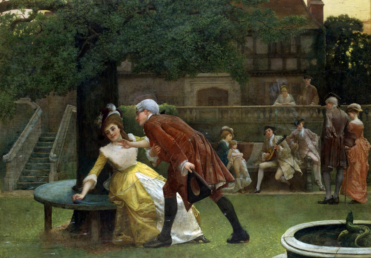 Das Ende des Fadens. Eine Frau weist die Avancen eines Mannes zurück. 1890. Gemälde von Thomas Reynolds Lamont (1826-1898) Privatsammlung. von Thomas Reynolds Lamont