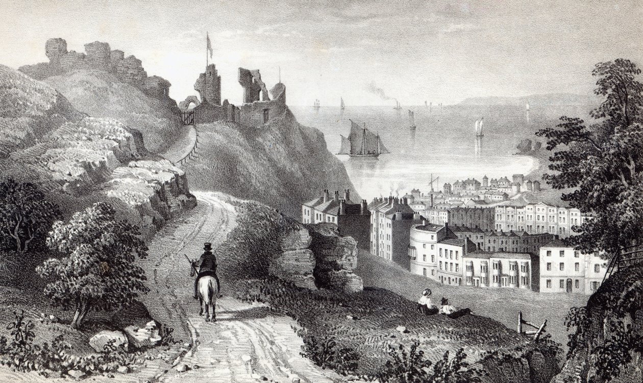 Hastings Castle von der Plantage des Revd W. Wallinger, graviert von R. Martin von Thomas Ross