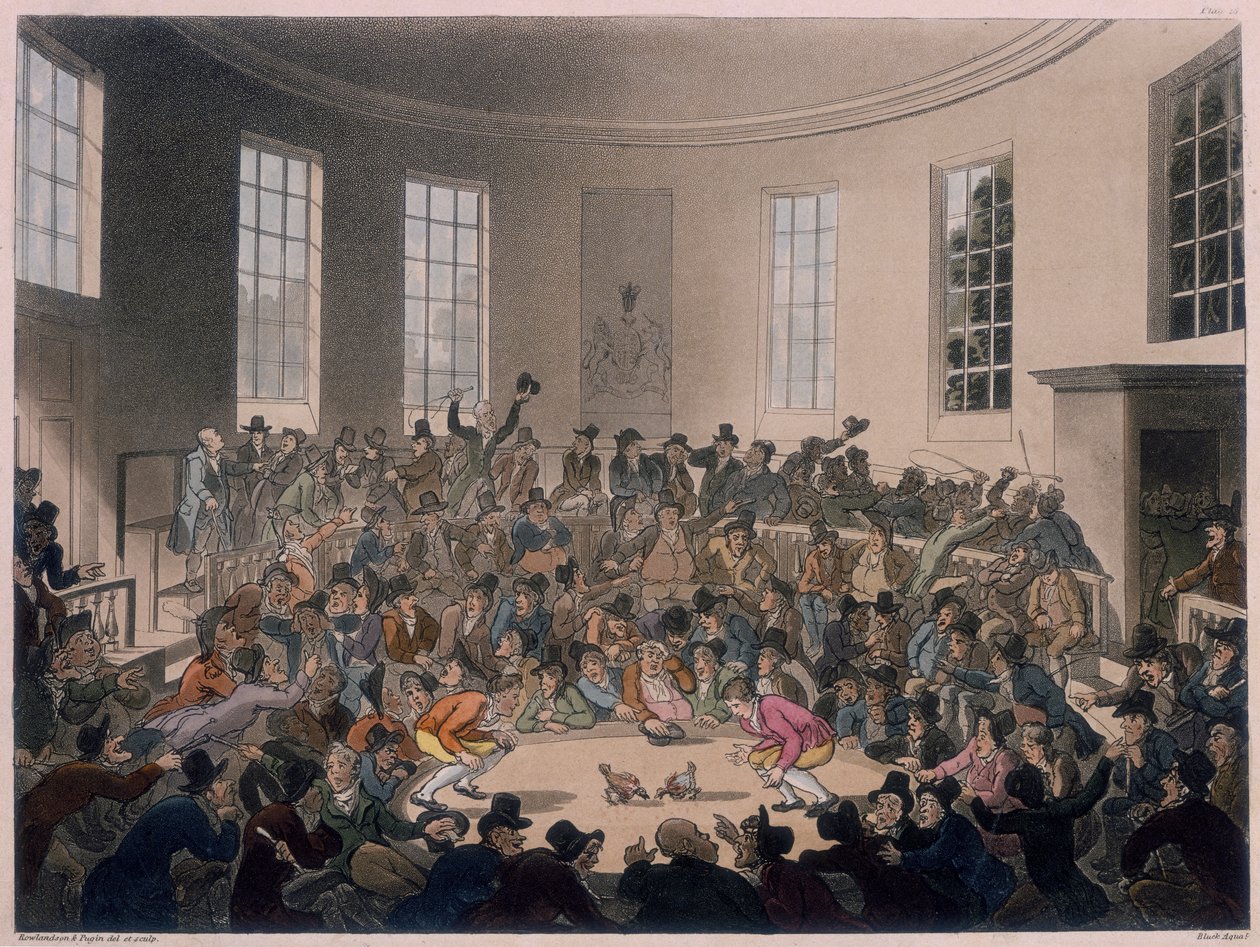 Männer beobachten einen Hahnenkampf, spätes 18. bis frühes 19. Jahrhundert von Thomas Rowlandson, Augustus Charles Pugin