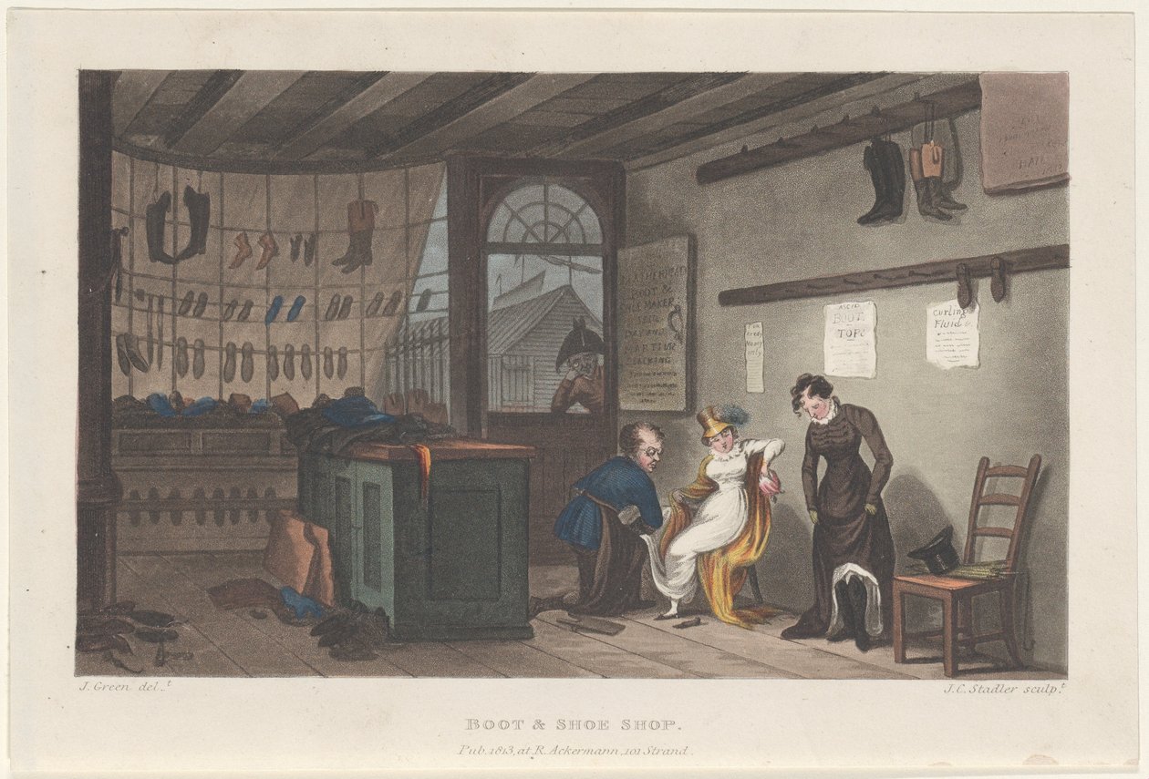 Stiefel- und Schuhgeschäft, aus Poetische Skizzen von Scarborough, 1813 von Thomas Rowlandson, Joseph Constantine Stadler, J. Bluck