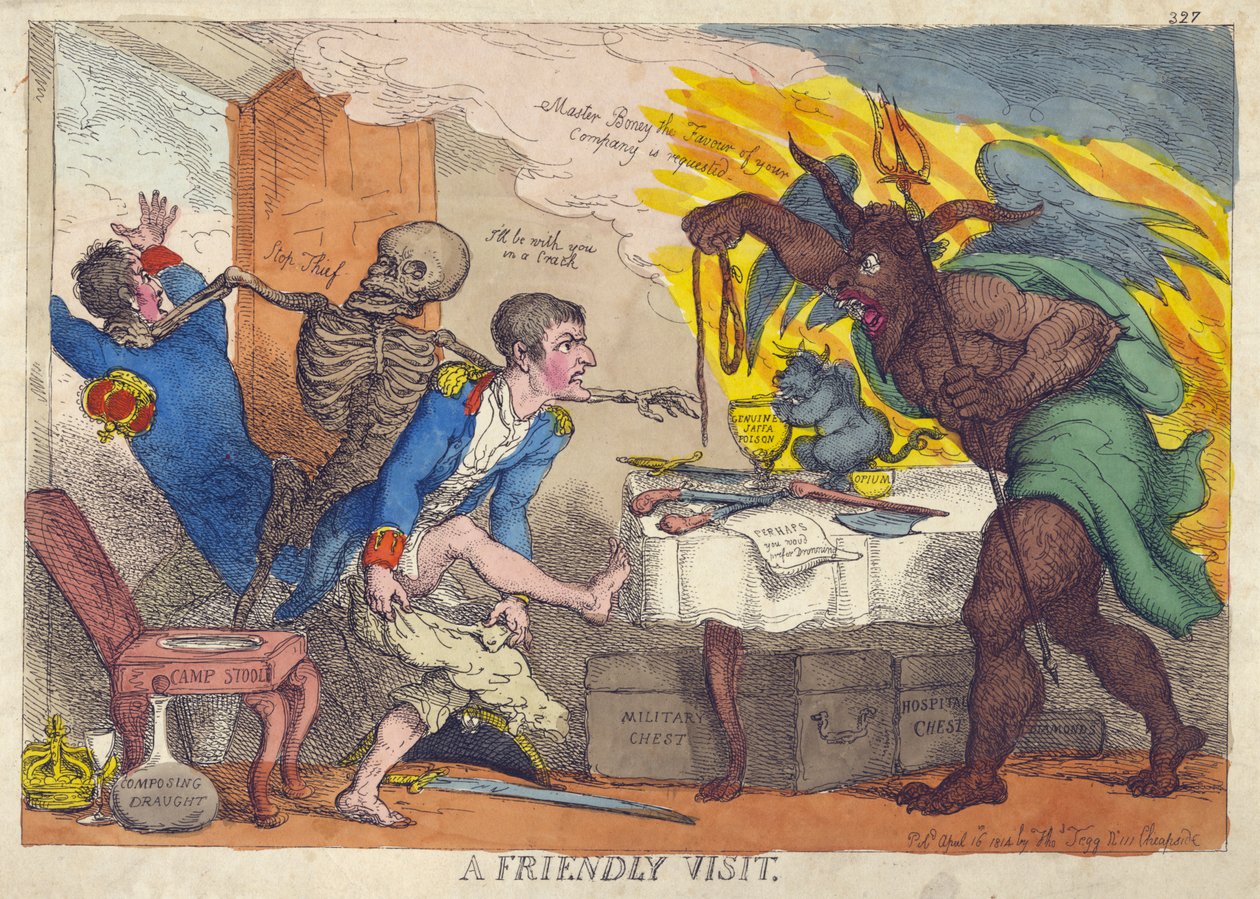 Ein freundlicher Besuch, Satire auf Napoleons Niederlage, Abdankung und Rückzug nach Elba von Thomas Rowlandson