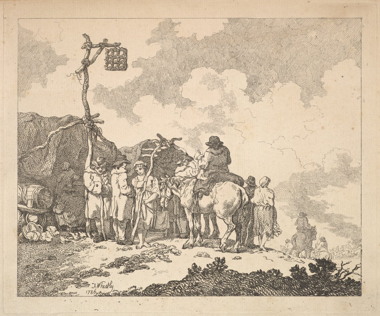 Ein Jahrmarkt - Eine Gruppe von Zigeunern - Männer und Frauen in rustikaler Kleidung vor zwei provisorischen Zelten, 1786 von Thomas Rowlandson