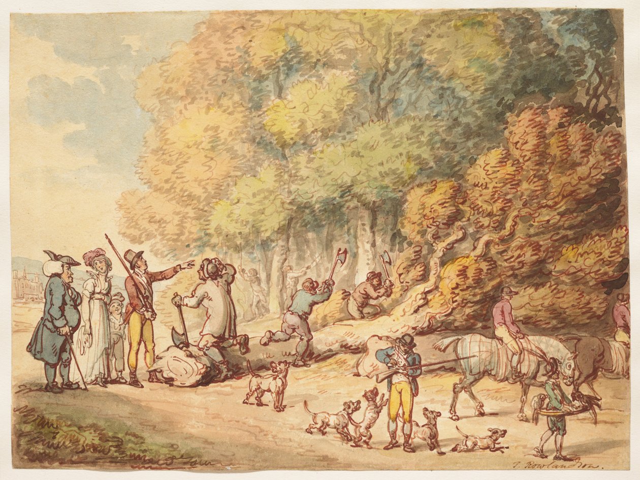 Ein Jäger mit seiner Familie, der Holzfällern befiehlt, einen gefällten Baum zu zerkleinern von Thomas Rowlandson