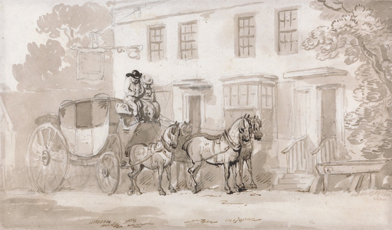 Eine Postkutsche vor dem Eingang eines Gasthauses von Thomas Rowlandson