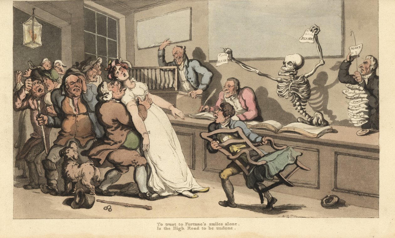 Eine Frau stirbt vor Schock beim Anblick eines leeren Papierstücks, das vom Skelett des Todes in einem Lotteriebüro geschwenkt wird. Handkolorierte Kupferstichzeichnung und -gravur von Thomas Rowlandson von Thomas Rowlandson
