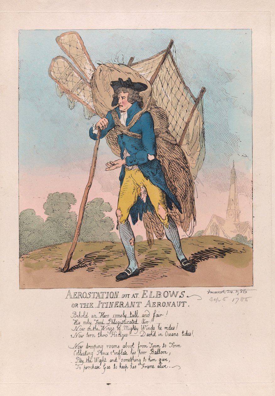 Aerostation aus den Fugen oder der wandernde Aeronaut, veröffentlicht 1785 (handkolorierter Stich) von Thomas Rowlandson