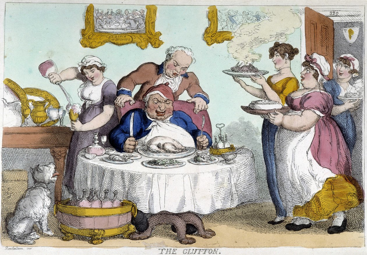 Bürger vor einem üppigen Mahl, serviert von vielen Dienern - Karikatur von Rowlandson von Thomas Rowlandson