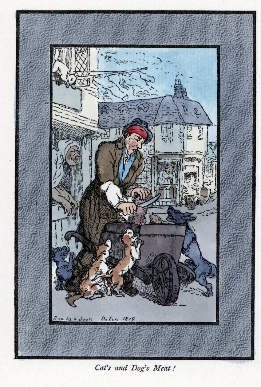 Wandernder Metzger schneidet ein Stück Fleisch. Holzstich nach einem Gemälde von Thomas Rowlandson, veröffentlicht in 