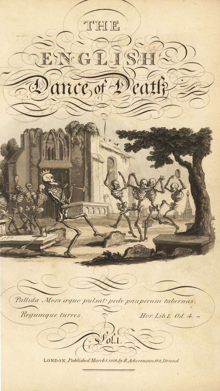 Kalligraphischer Titel und Vignette von Skeletten, die mit Tamburinen und Hörnern auf einem Friedhof in der Nähe einer zerstörten Kirche tanzen. Handkolorierte Kupferplatte, gezeichnet und graviert von Thomas Rowlandson aus The English Dance of Death, Acke von Thomas Rowlandson