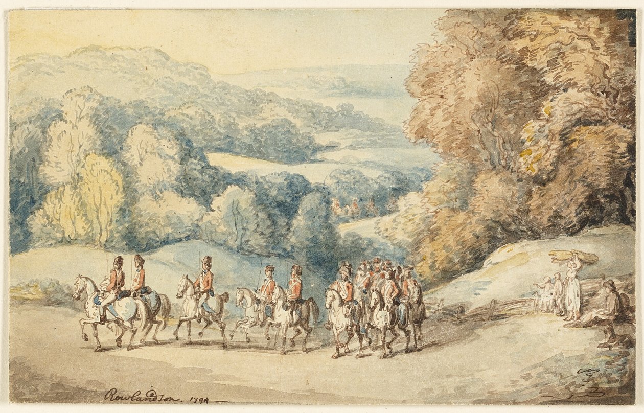 Kavallerie auf dem Marsch (recto); Fragment einer Skizze eines Pferdes (verso) von Thomas Rowlandson