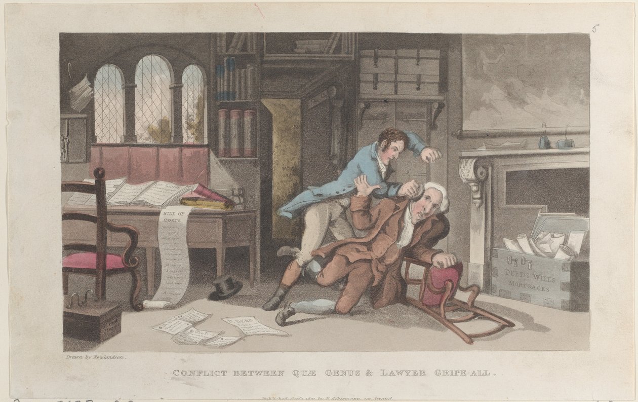 Konflikt zwischen Quae Genus und Anwalt Gripe-all, aus Die Geschichte von Johnny Q..., 1. Oktober 1821 von Thomas Rowlandson