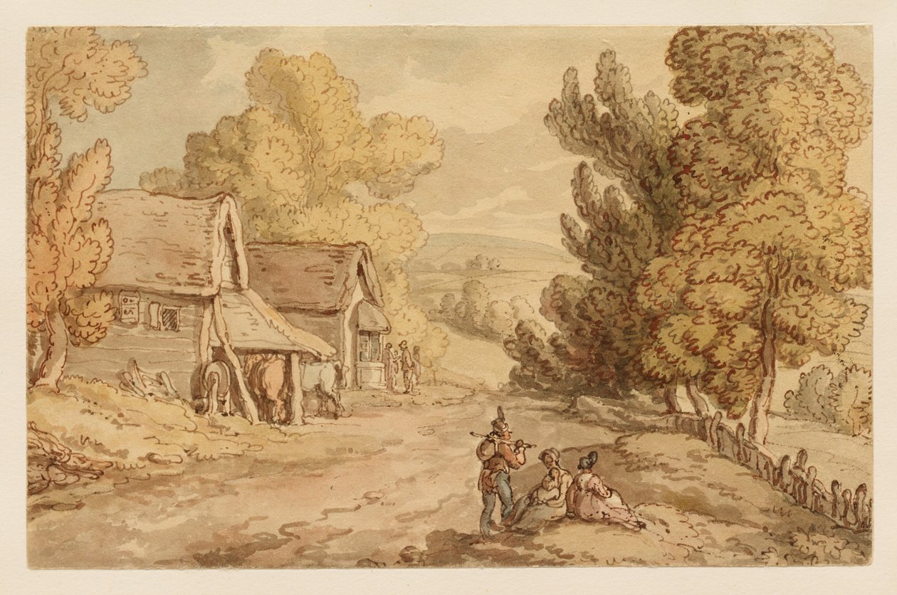Hütte und Scheune mit Figuren, die an der Seite einer Landstraße ruhen von Thomas Rowlandson
