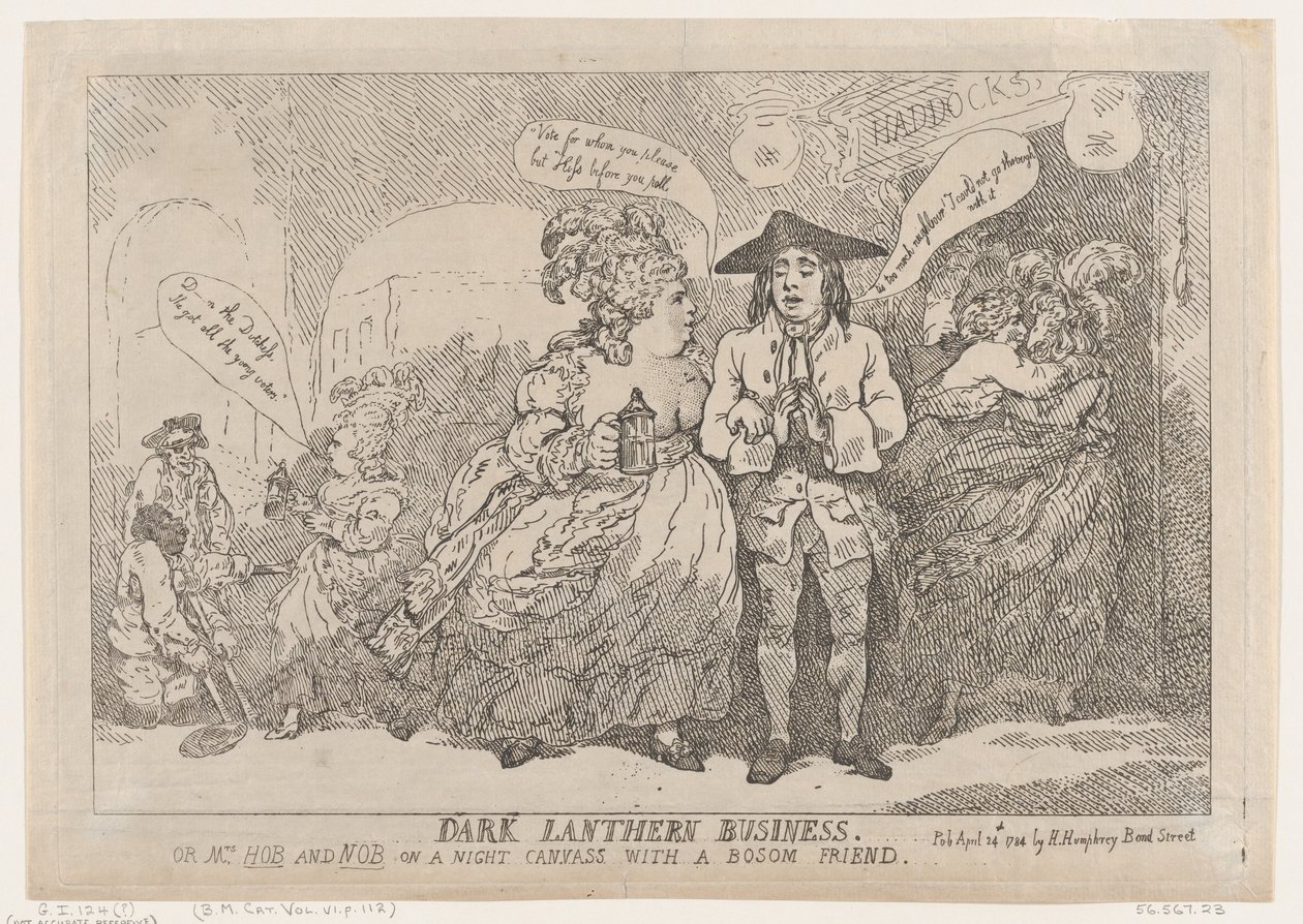 Dunkle Laternen-Geschäfte oder Mrs. Hob und Nob auf einer nächtlichen Leinwand mit einer Busenfreundin, 24. April 1784 von Thomas Rowlandson