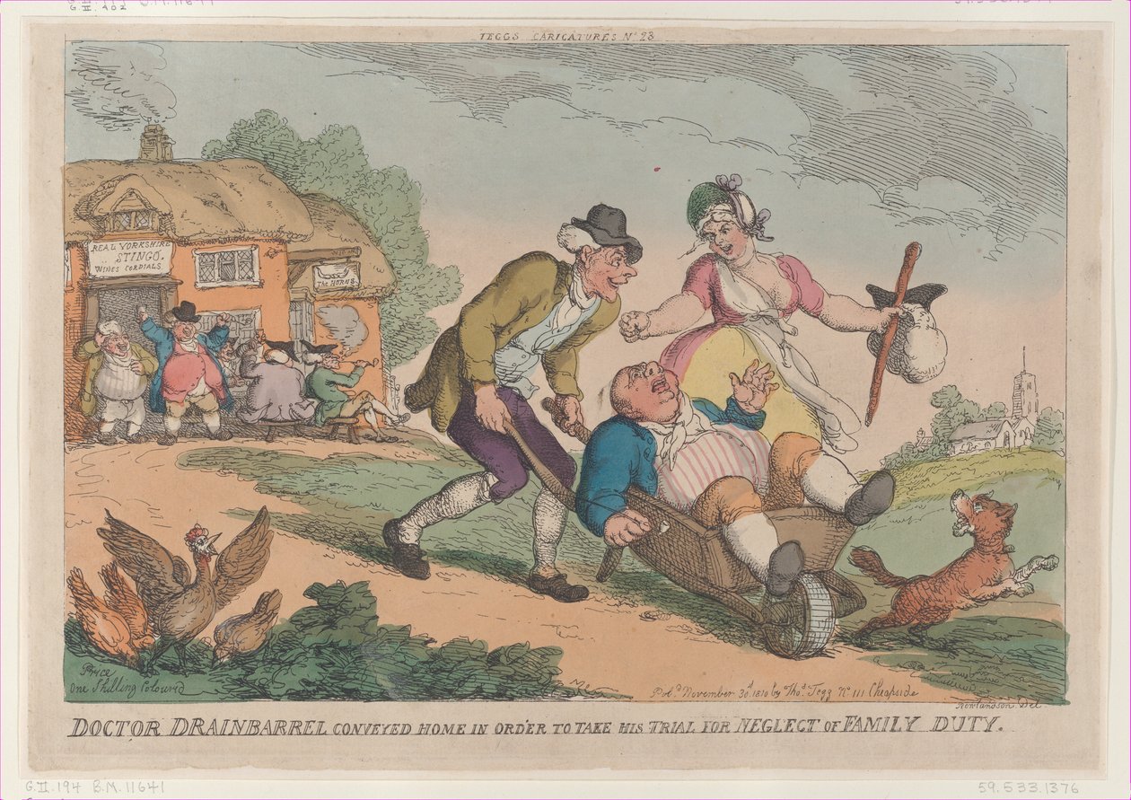 Doktor Drainbarrel wird nach Hause gebracht, um sich wegen Vernachlässigung vor Gericht zu verantworten von Thomas Rowlandson