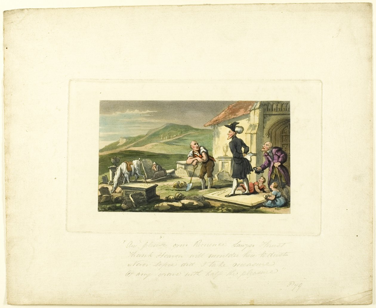 Doctor Syntax meditiert über die Grabsteine, aus Die Reise von Doctor Syntax von Thomas Rowlandson