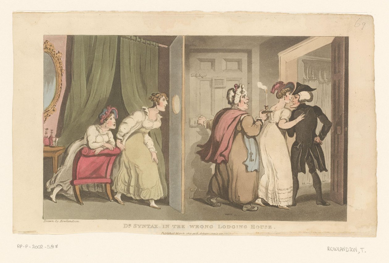 Doktor Syntax wird von zwei Frauen durch eine Tür geführt von Thomas Rowlandson