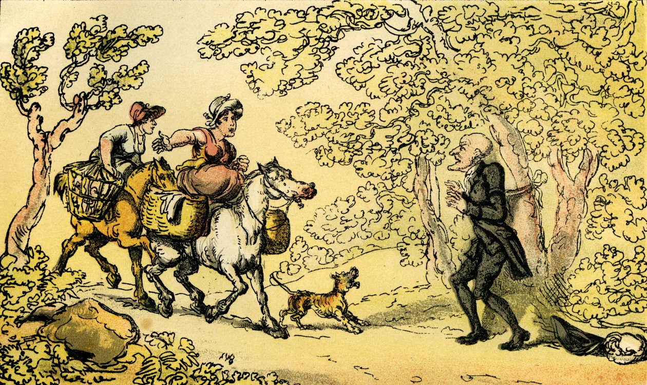 Dr. Syntax wird von Straßenräubern an einen Baum gebunden von Thomas Rowlandson