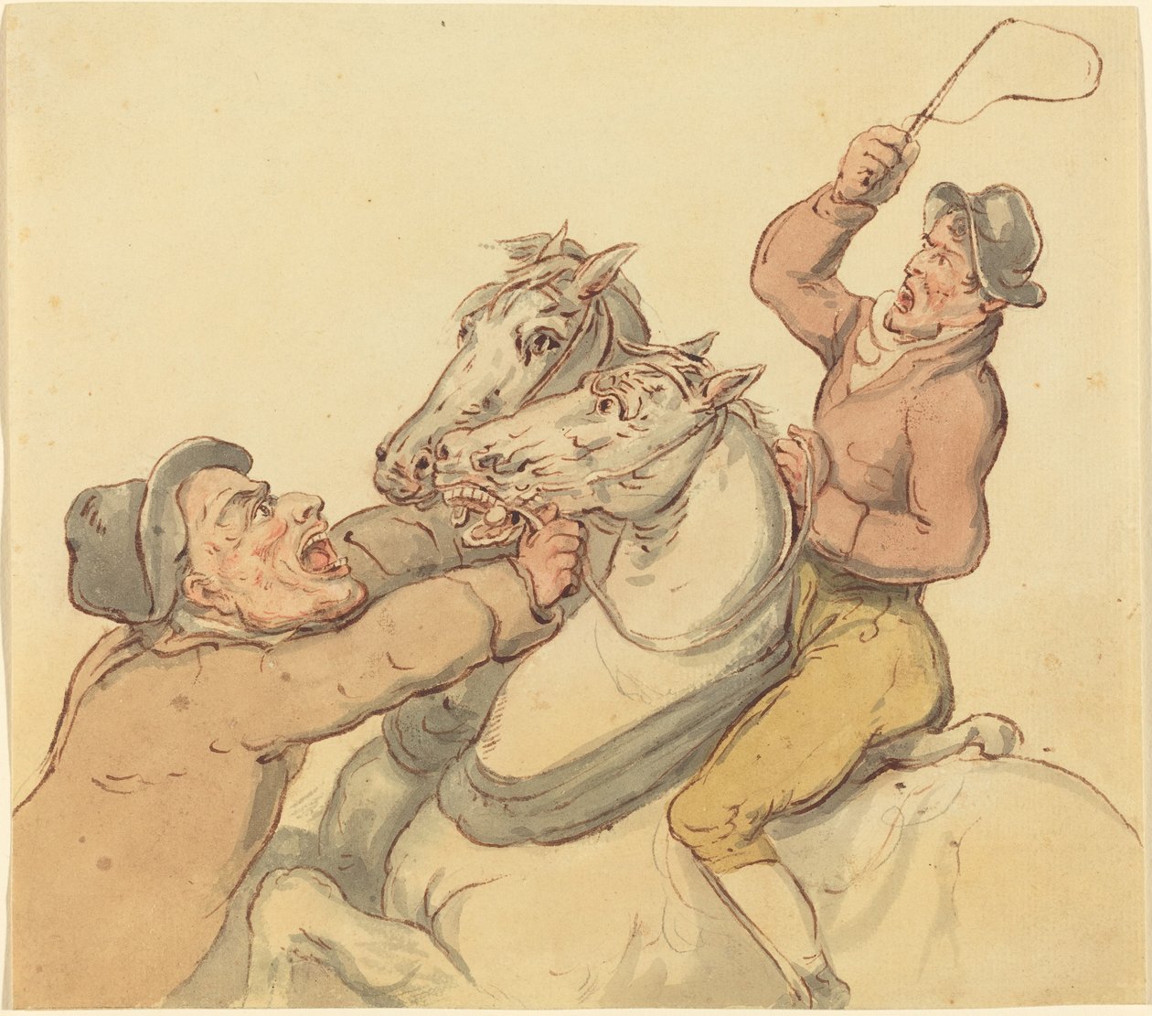 Treiber mit einem Paar aufbäumender Pferde von Thomas Rowlandson
