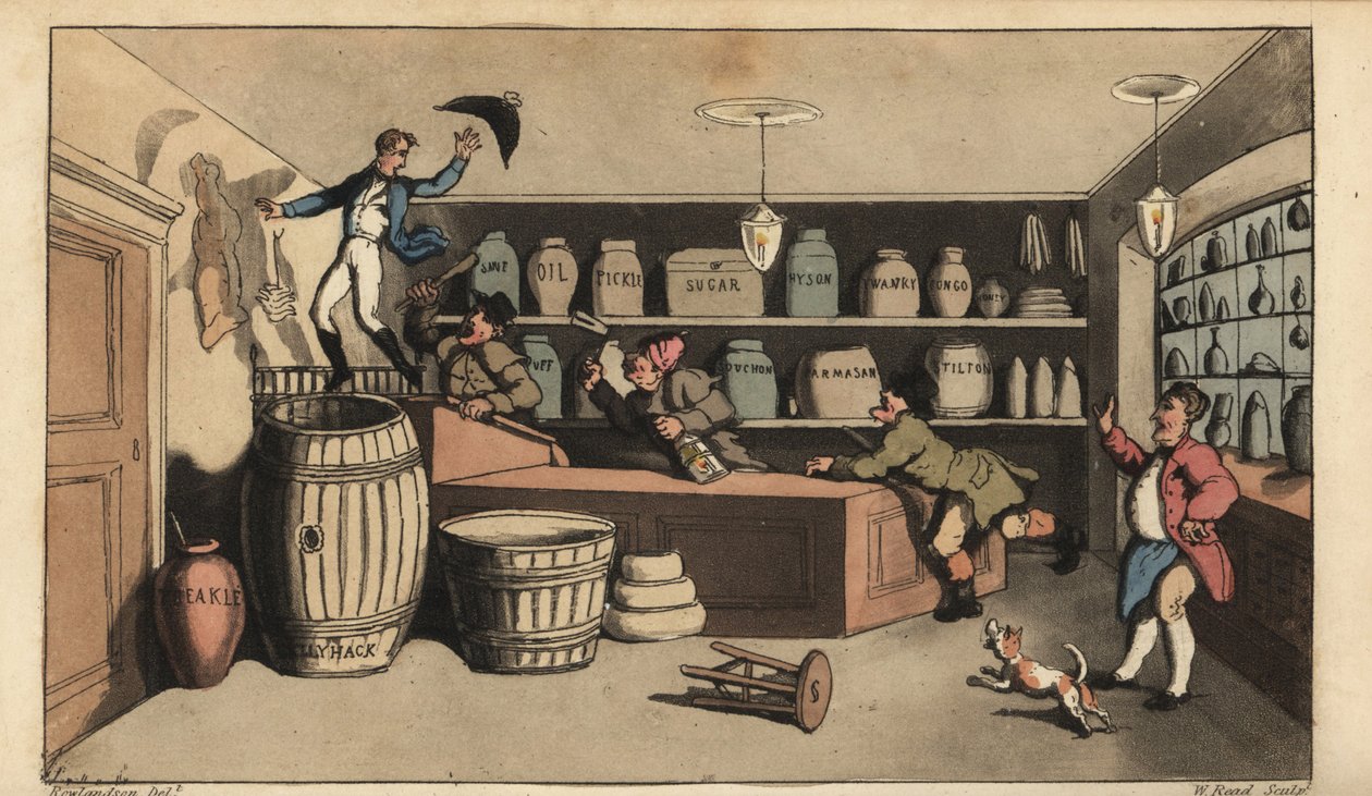 Betrunkener Johnny von Nachtwächtern in einem Lebensmittelladen verfolgt, kurz davor, in ein Butterfass zu fallen. Handkolorierte Kupferstichgravur von W. Read nach einer Illustration von Thomas Rowlandson aus Alfred Burtons Die Abenteuer von Johnny Newcom von Thomas Rowlandson