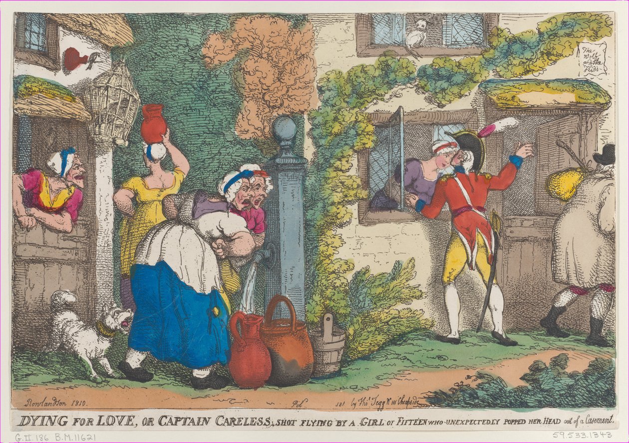 Sterben aus Liebe, oder Captain Careless, von einem fünfzehnjährigen Mädchen unerwartet erschossen, 1810 von Thomas Rowlandson