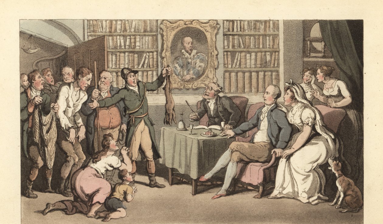 Englischer Gentleman in seinem Arbeitszimmer hört einen Fall von Wilderei von Thomas Rowlandson