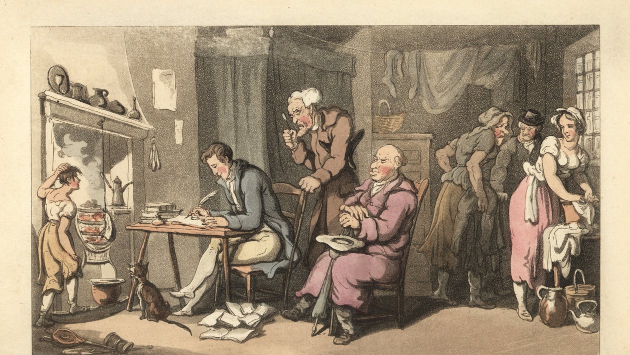 Englischer Gentleman schreibt einen Bittbrief in einem heruntergekommenen Salon von Thomas Rowlandson