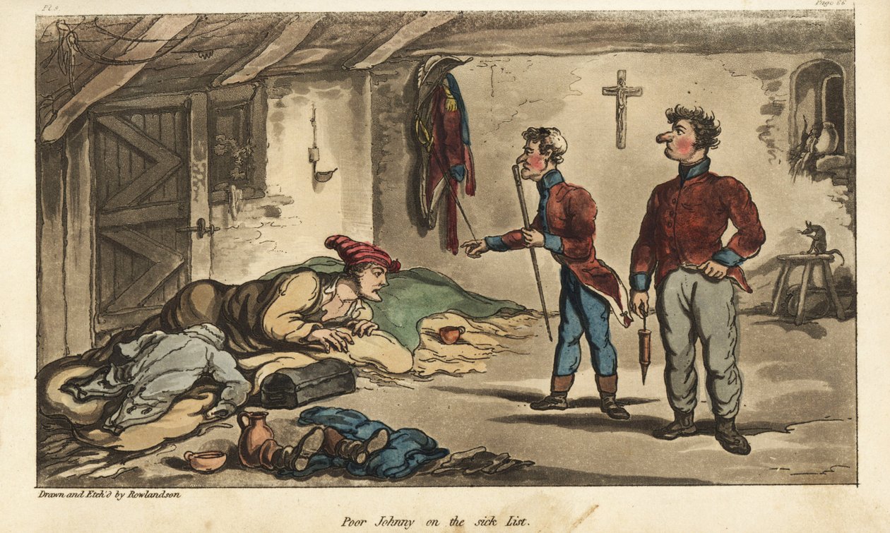 Fähnrich Johnny Newcome mit Dysenterie in seinem Quartier in Medina, Spanien. Handkolorierter Kupferstich, gezeichnet und radiert von Thomas Rowlandson aus Colonel David Roberts