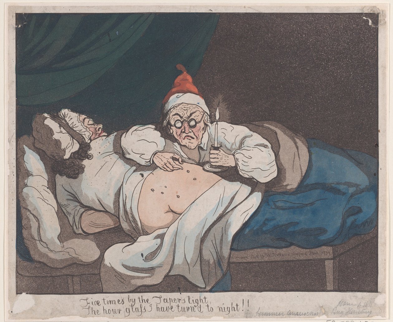 Fünfmal bei des Dochts Licht, die Sanduhr habe ich zur Nacht gemacht!!, 1793 von Thomas Rowlandson