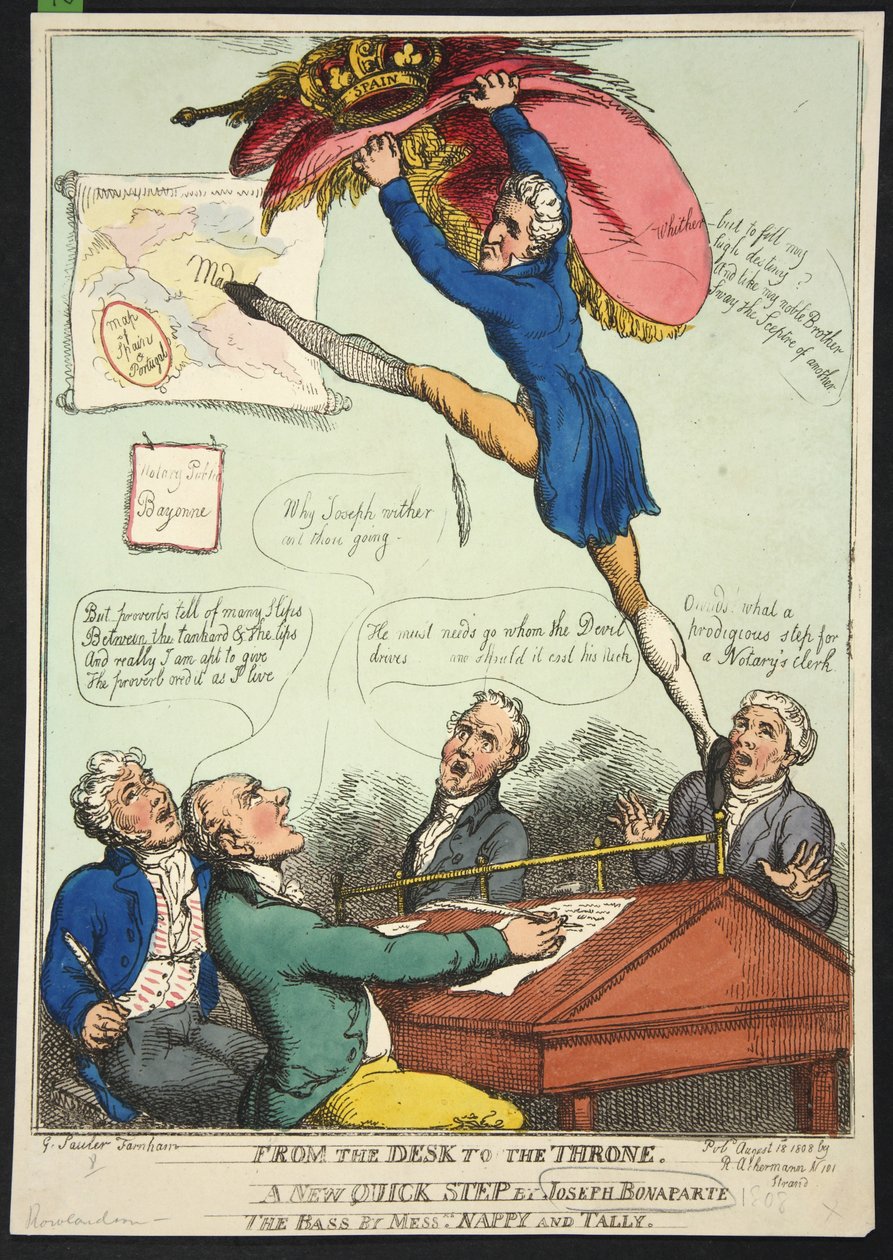 Vom Schreibtisch zum Thron. Ein neuer Quick Step von Joseph Bonaparte. Der Bass von Messrs Nappy und Talley, veröffentlicht 1808 (handkolorierte Gravur) von Thomas Rowlandson