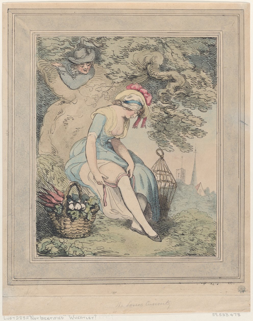 Mädchen mit einem Korb und Vogelkäfig, das ihr Strumpfband richtet, 1785-1795 von Thomas Rowlandson