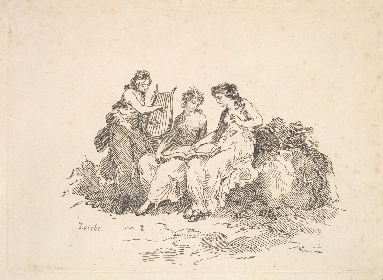 Harmonie - Zwei Nymphen singen, eine andere spielt eine Lyra, 1784-88 von Thomas Rowlandson