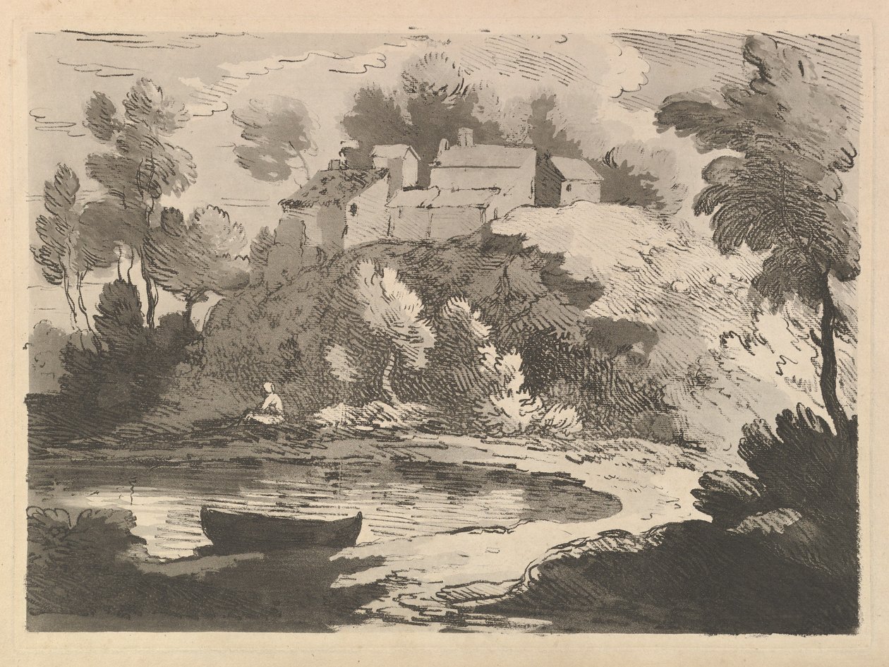 Hügelige Flusslandschaft, ein Boot im Wasser im Vordergrund links, eine Figur am fernen Ufer von Thomas Rowlandson