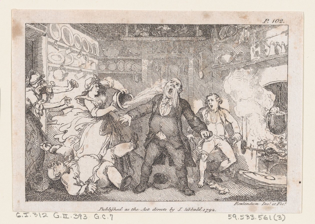 Gastgeberin entleert eine Pfanne Blut ins Gesicht von Pfarrer Andrews, aus The Adventures of..., 1792 von Thomas Rowlandson