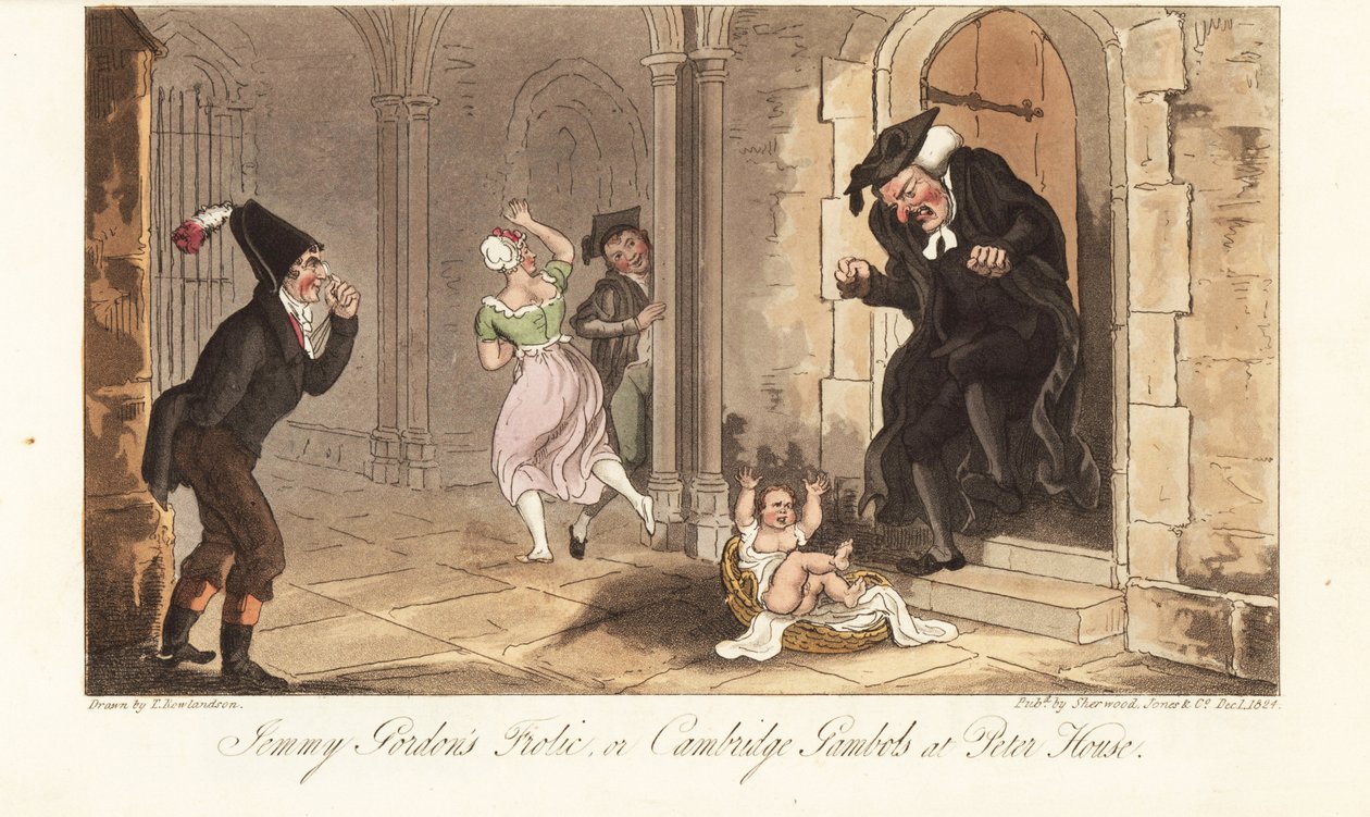 James Gordon, ein berüchtigter Trunkenbold aus Cambridge, hinterlässt als Streich ein Baby vor dem Haus eines College-Dekans. Jemmy Gordons Streich oder Cambridge-Gambols im Peter House. Handkolorierte Kupferplatte, gezeichnet und graviert von Thomas Rowla von Thomas Rowlandson