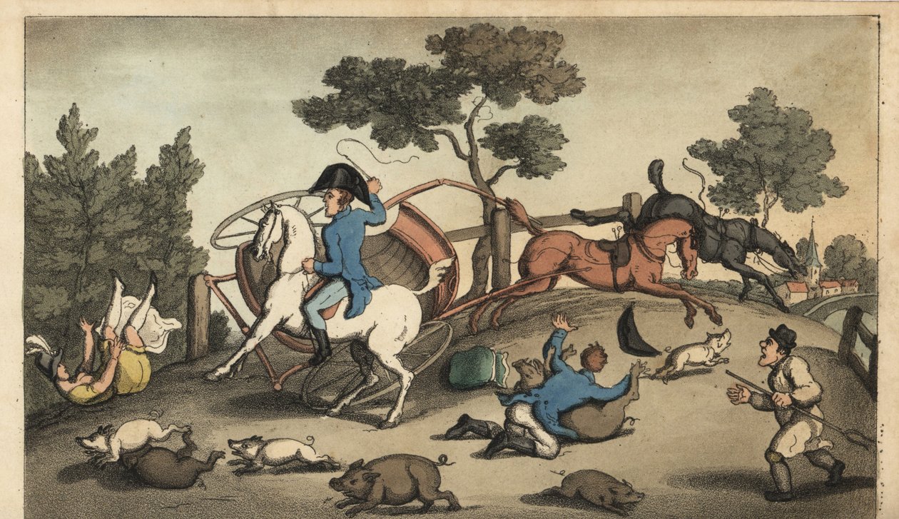 Johnny und eine Dame stürzen mit einer Kutsche in eine Schweineherde. Handkolorierte Kupferstichgravur von W. Read nach einer Illustration von Thomas Rowlandson aus Alfred Burtons Die Abenteuer von Johnny Newcombe in der Marine, Simpkin, London von Thomas Rowlandson