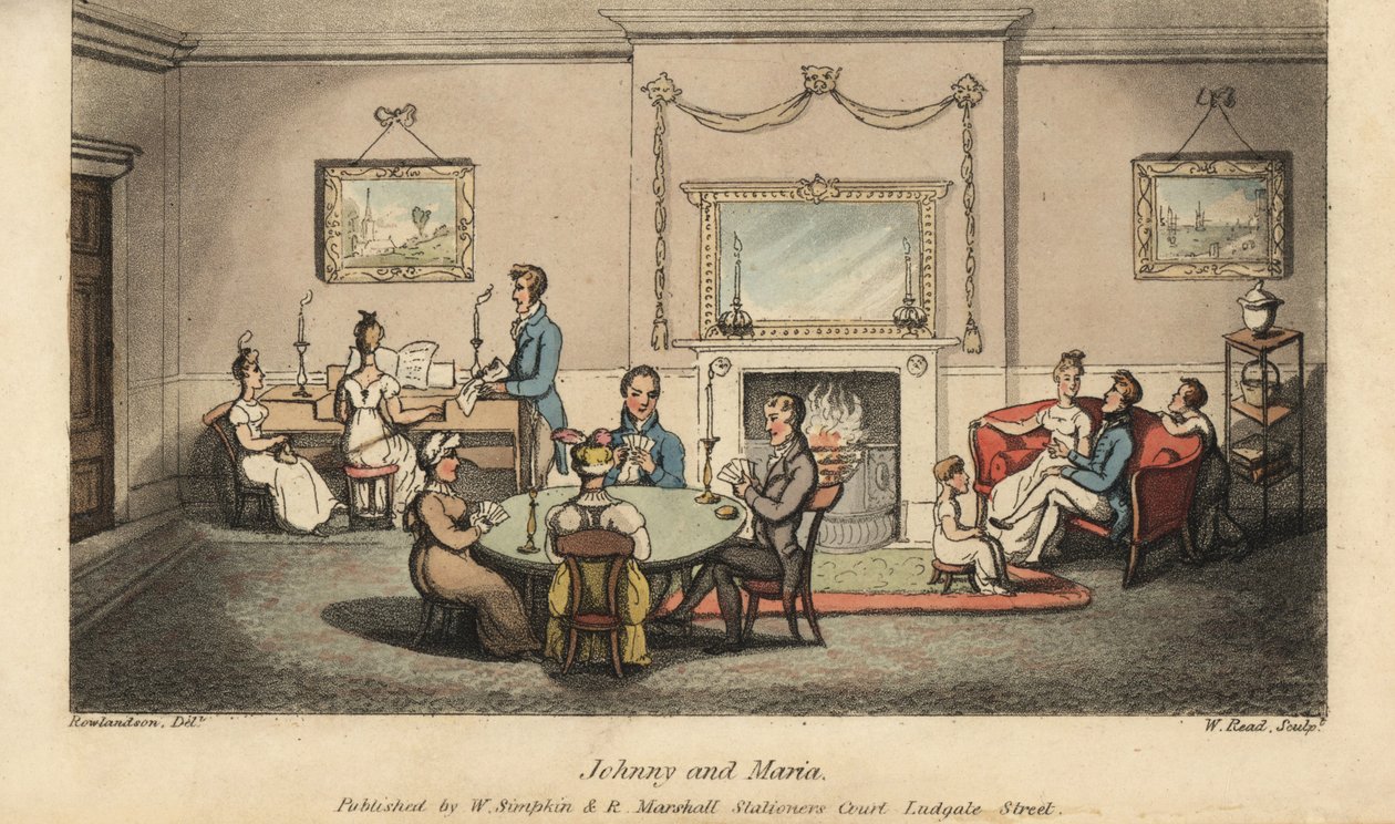 Johnny umwirbt Maria in einem Salon, während andere Karten spielen und Lieder vor dem Kamin singen. Handkolorierte Kupferstichgravur von W. Read nach einer Illustration von Thomas Rowlandson aus Alfred Burtons The Adventures of Johnny Newcombe in the Navy, von Thomas Rowlandson