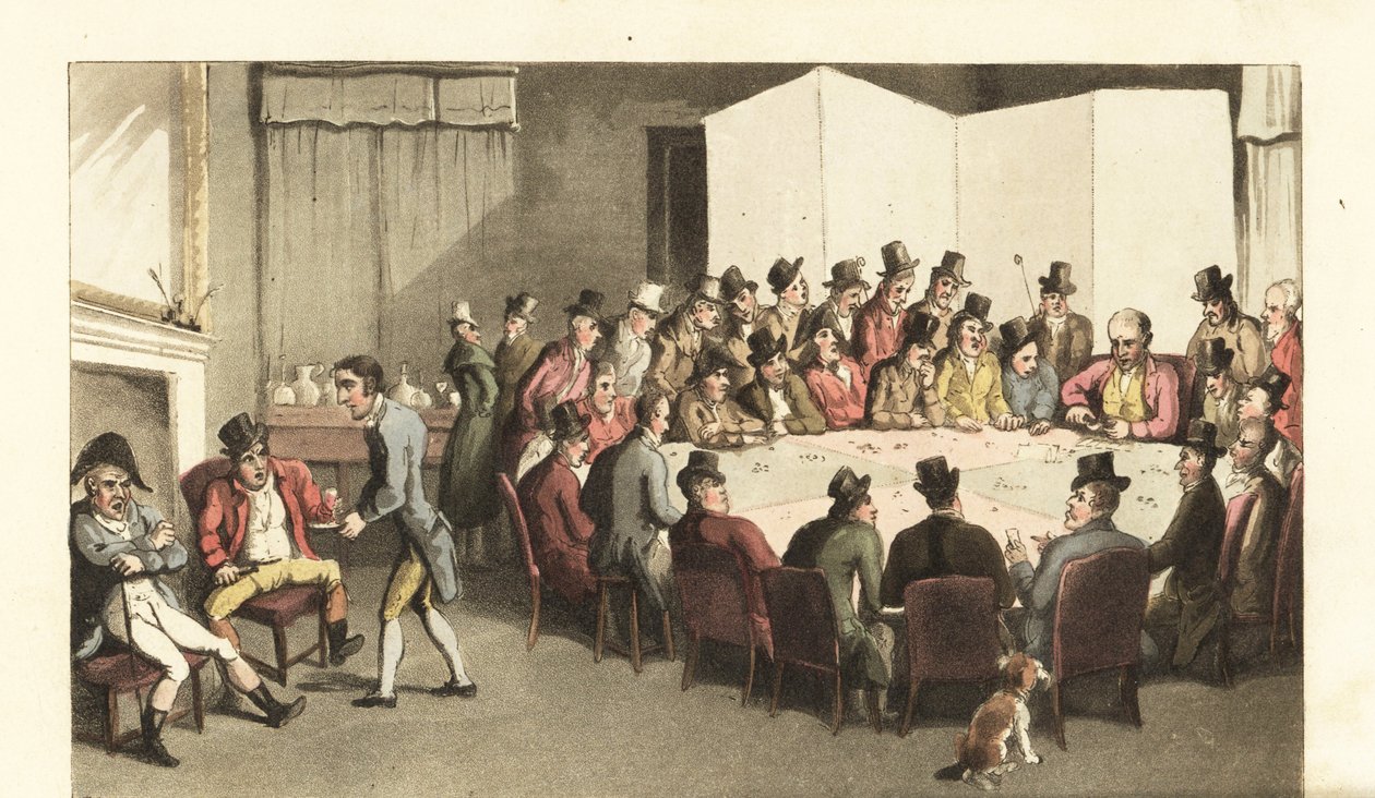 Johnny im Dienst in einem Herrenclub, serviert Wein an Mitglieder, während andere an einem großen Spieltisch Karten spielen von Thomas Rowlandson