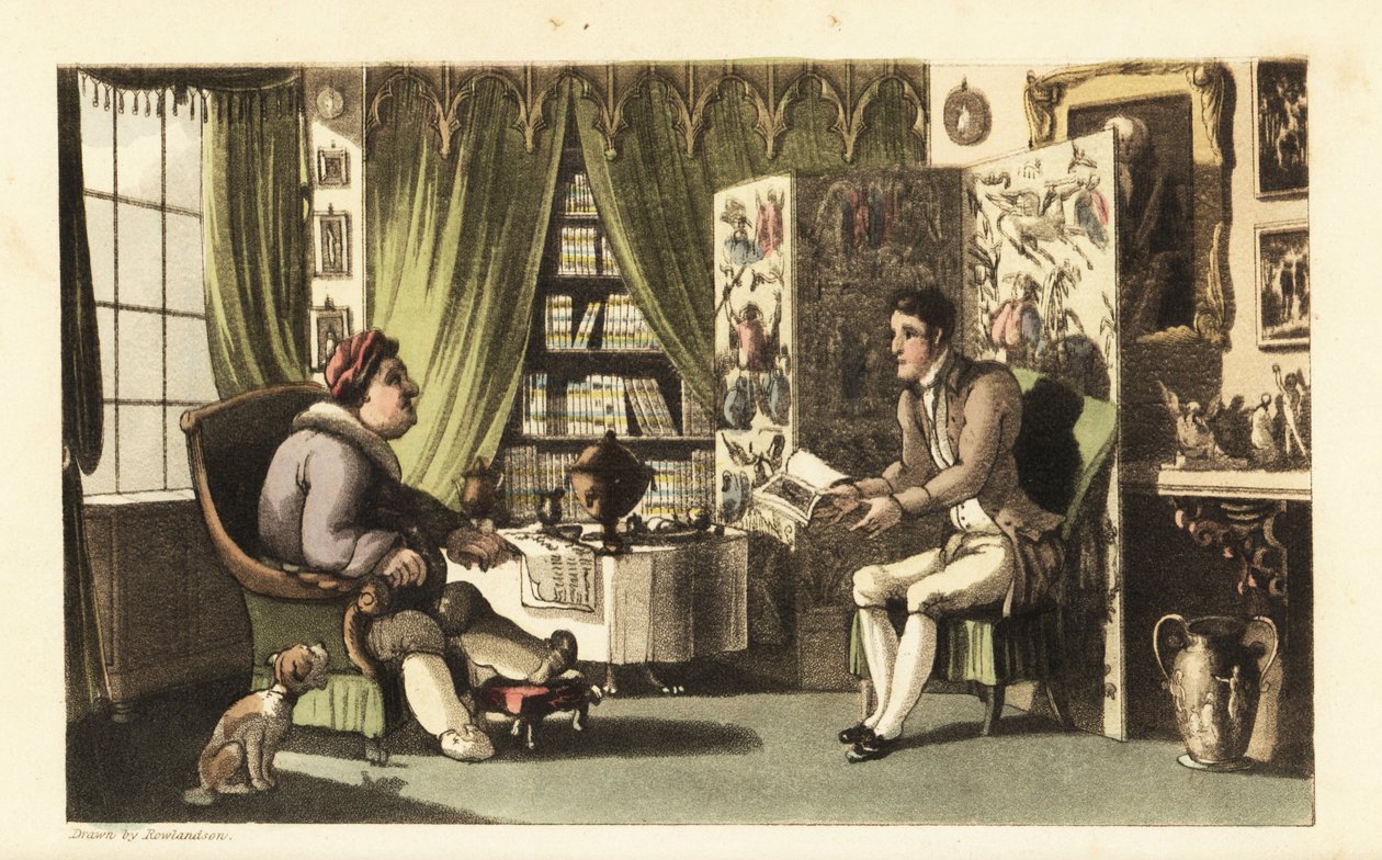 Johnny liest Sir Jeffery Gourmand in seinem Arbeitszimmer vor. Handkolorierte Kupferstichgravur von Thomas Rowlandson aus William Combes The History of Johnny Quae Genus, the Little Foundling of the late Doctor Syntax. von Thomas Rowlandson