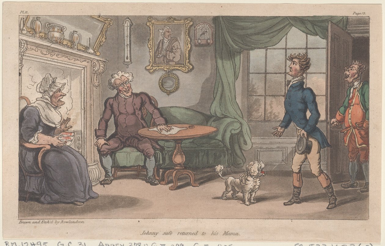 Johnny sicher zurück bei seiner Mama, aus Die militärischen Abenteuer von Johnny Newcome, 1815 von Thomas Rowlandson