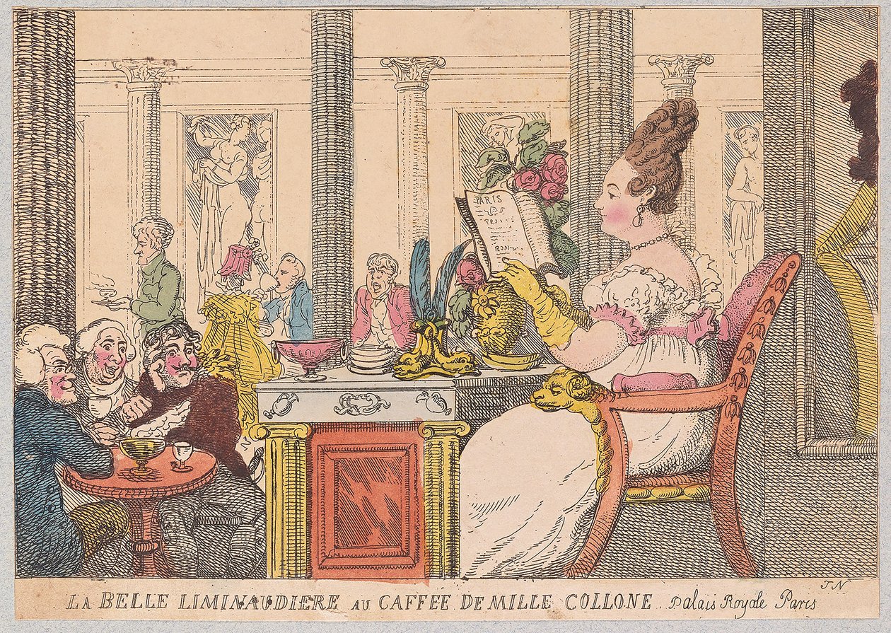 La Belle Liminaudiere im Café de Mille Collone, Palais Royal, Paris, veröffentlicht 1814 von Thomas Rowlandson
