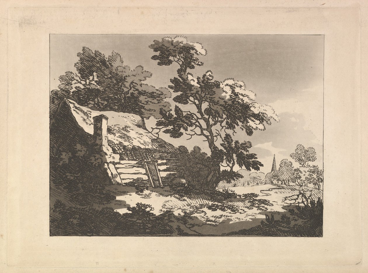 Landschaft mit Hütte unter Bäumen links und einer fernen Kirchturmspitze rechts von Thomas Rowlandson