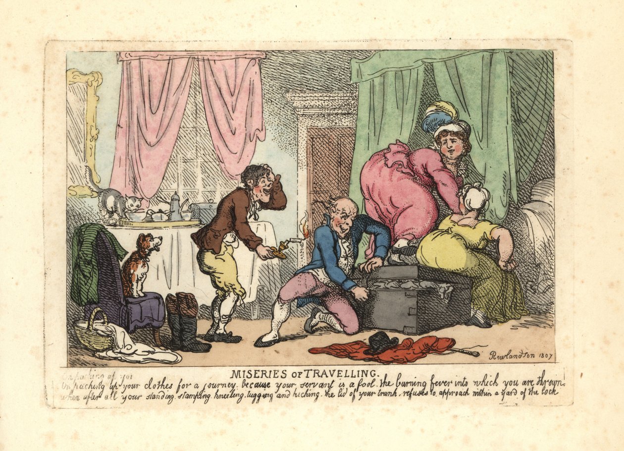 Mann und zwei Frauen versuchen, einen vollen Koffer zu schließen von Thomas Rowlandson