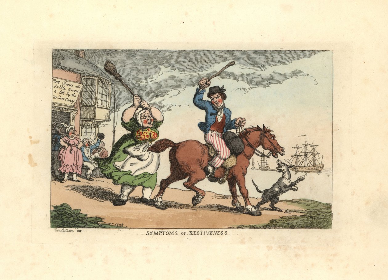 Mann schlägt ein störrisches Pferd mit einem Knüppel, während der Besitzer Wido von Thomas Rowlandson